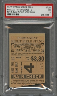 1926 World Series Game 4 Yankees vs Cardinals Ticket Stub - "Babe Ruth 3 Home Runs" - PSA EX 5 (Babe Ruth W.S. Number 7 of 10)